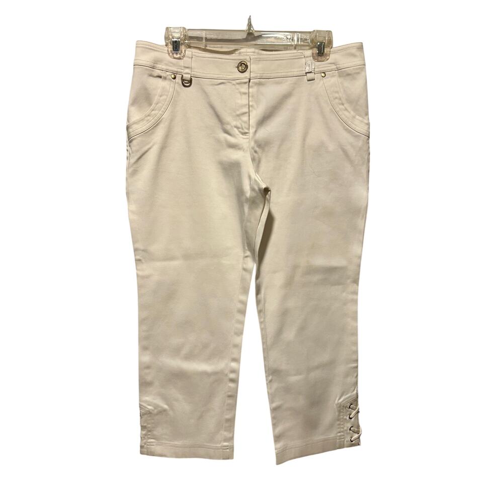 Cache White Crop Pant Lace Up Bottom Detail Cotton Spandex Stretch $98 Sz 10